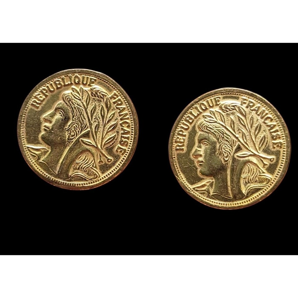 Miriam Haskell Vintage French Republic Coin Clip On Earrings Gold Tone Signed